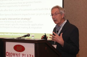 Dr. David MacLean of UNB, speaking on Spruce Budworm intervention. Photo: Forest NB